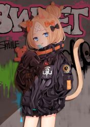 Rule 34 | 1girl, abigail williams (fate), abigail williams (traveling outfit) (fate), animal ears, black bow, black jacket, blonde hair, blue eyes, bow, candy, cat ears, cat girl, cat tail, closed mouth, commentary request, cowboy shot, crossed bandaids, etto eat, fate/grand order, fate (series), food, graffiti, hair bow, hair bun, hand in pocket, head tilt, heroic spirit traveling outfit, highres, holding, holding candy, holding food, holding lollipop, jacket, kemonomimi mode, lollipop, long hair, long sleeves, looking at viewer, multiple hair bows, hugging object, official alternate costume, orange bow, parted bangs, polka dot, polka dot bow, single hair bun, sleeves past fingers, sleeves past wrists, solo, stuffed animal, stuffed toy, tail, tail raised, teddy bear, tongue, tongue out