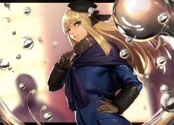 Rule 34 | 1girl, black hat, blonde hair, blue coat, blue eyes, brown gloves, chain, closed mouth, coat, commentary request, fate/grand order, fate (series), flower, fringe trim, fur-trimmed sleeves, fur trim, gloves, hair between eyes, hair flower, hair ornament, hand on own hip, hand up, hat, highres, long hair, looking at viewer, lord el-melloi ii case files, mini hat, peperon (peperou), reines el-melloi archisorte, rose, scarf, smile, solo, volumen hydragyrum (fate), white flower, white rose