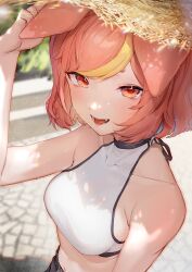 Rule 34 | 1girl, absurdres, animal ears, bare shoulders, black shorts, blonde hair, blurry, blurry background, blush, breasts, crop top, day, fangs, hat, highres, lingxia, looking at viewer, medium breasts, multicolored hair, open mouth, orange eyes, orange hair, original, outdoors, short hair, shorts, sleeveless, solo, straw hat, streaked hair, sweat