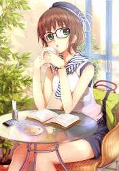 Rule 34 | 1girl, absurdres, bag, brown hair, cellphone, chair, cup, glasses, green eyes, hat, highres, mikazuki akira!, note, open mouth, original, phone, saucer, short hair, shorts, sitting, smartphone, solo, table, watch, wristwatch