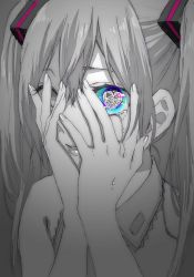 Rule 34 | 1girl, aqua eyes, blue eyes, broken heart, close-up, commentary request, crying, crying with eyes open, eyelashes, fingernails, grey background, greyscale, hair between eyes, hands on own face, hatsune miku, heart, heart in eye, kawai rou, long hair, looking at viewer, monochrome, multicolored eyes, parted lips, shaded face, simple background, solo, sparkle, sparkling eyes, spot color, symbol in eye, tears, twintails, unknown mother goose (vocaloid), upper body, vocaloid