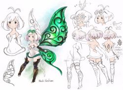 Rule 34 | 1girl, antenna hair, backless outfit, bare back, bare shoulders, black gloves, black thighhighs, boots, bravely default: fairy&#039;s effect, bravely default (series), brown thighhighs, character sheet, commentary request, concept art, dress, elbow gloves, expressionless, expressive hair, eyewear on head, fairy, fairy wings, glasses, gloves, green eyes, highres, ikusy, multiple views, official art, open mouth, outstretched arm, pointy ears, rinne (bravely default), short dress, short hair, sketch, spot color, strapless, strapless dress, thigh boots, thighhighs, turnaround, white dress, white hair, wings, zettai ryouiki