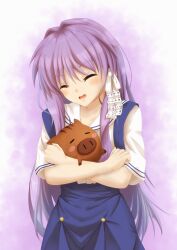 Rule 34 | 1girl, = =, ^ ^, absurdres, animal, blue skirt, blush, blush stickers, boar, botan (clannad), clannad, closed eyes, commentary request, cowboy shot, crossed arms, fujibayashi kyou, hair between eyes, hair intakes, hair ribbon, high-waist skirt, highres, hikarizaka private high school uniform, holding, holding animal, long hair, open mouth, purple background, purple hair, ribbon, sailor collar, school uniform, serafuku, shirt, short sleeves, sidelocks, simple background, skirt, smile, sok (pixiv42912527), solo, standing, straight hair, summer uniform, suspenders, tress ribbon, two-tone background, very long hair, white background, white ribbon, white sailor collar, white shirt