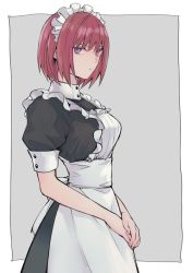 Rule 34 | 1girl, apron, breasts, closed mouth, grel (r6hgvu5), looking at viewer, maid, maid headdress, medium breasts, nel zelpher, purple eyes, red hair, short hair, simple background, solo, star ocean, star ocean till the end of time