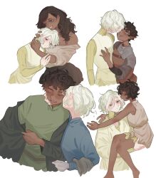 Rule 34 | 1girl, 2boys, aged down, alternate species, armor, bags under eyes, bisexual male, black eyes, black hair, blue eyes, boots, carrying, carrying person, chainmail, child, child carry, closed eyes, commentary, curly hair, dark-skinned male, dark skin, dungeon meshi, elf, english commentary, genderswap, genderswap (mtf), gorget, grey hair, highres, hug, jacket, kabru, kabru (elf), kiss, kissing cheek, lazy eye, leather armor, long hair, long sleeves, looking at another, lumpia at kanin, mithrun, multiple boys, notched ear, pauldrons, pointy ears, shirt, short hair, shoulder armor, single pauldron, smile, thigh boots, tunic, uneven eyes