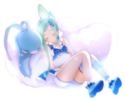 Rule 34 | 1girl, ahoge, altaria, aqua hair, blue footwear, blush, boots, closed eyes, closed mouth, commentary request, creatures (company), crop top, facing viewer, full body, fur-trimmed boots, fur trim, game freak, gen 3 pokemon, hair ornament, lisia (pokemon), long hair, nintendo, pokemon, pokemon (creature), pokemon oras, sakasa (guranyto), shadow, shoe soles, short shorts, shorts, single thighhigh, smile, socks, striped clothes, striped socks, striped thighhighs, thighhighs, very long hair, white background, white shorts