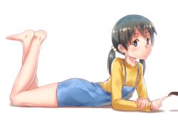 Rule 34 | 1girl, babu, barefoot, black hair, cat, child, closed mouth, crossed legs, feet, female focus, flat chest, flying witch, from side, full body, hair bobbles, hair ornament, kuramoto chinatsu, long sleeves, looking at viewer, lying, on stomach, out of frame, pointing, short twintails, simple background, smile, solo, the pose, toes, twintails, white background