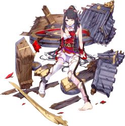 Rule 34 | 1girl, ;p, animal ears, barefoot, black hair, blue eyes, broken, broken weapon, cannon, fake animal ears, feet, full body, fuyuno yuuki, konki (oshiro project), long hair, looking at viewer, one eye closed, oshiro project:re, oshiro project:re, pants, ponytail, shoes, single shoe, sitting, smile, solo, tears, tongue, tongue out, torn clothes, torn pants, transparent background, weapon