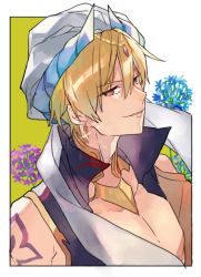 Rule 34 | 1boy, blonde hair, blue flower, border, diadem, earrings, fate/grand order, fate (series), flower, gilgamesh (fate), gilgamesh (caster) (fate), glint, horns, jewelry, looking at viewer, male focus, parted lips, purple flower, red eyes, smile, solo, turban, upper body, vest, waltz (tram), white border
