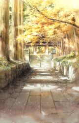 Rule 34 | branch, building, dappled sunlight, day, forest, highres, nature, no humans, original, painting (medium), path, road, scenery, shadow, shimizu megumi (m acquerello), sunlight, temple, tile floor, tiles, traditional media, tree, tree shade, watercolor (medium)