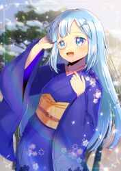 1girl :d arm_behind_head arm_up blue_eyes blue_hair commentary_request commission floral_print hair_ornament hairclip japanese_clothes kimono kou_hiyoyo long_hair long_sleeves monocle obi open_mouth original print_kimono purple_kimono sash skeb_commission smile snow solo tree very_long_hair wide_sleeves