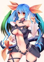 Rule 34 | 1girl, arc system works, asymmetrical wings, bare shoulders, blue hair, blush, bow, breasts, choker, cleavage, collarbone, cowboy shot, detached collar, detached sleeves, dizzy (guilty gear), guilty gear, hair ribbon, highres, large breasts, long hair, long sleeves, looking at viewer, navel, off shoulder, orange ribbon, panties, puffy long sleeves, puffy sleeves, red eyes, revealing clothes, ribbon, smile, snm (sunimi), solo, tail, tail bow, tail ornament, tail ribbon, twintails, underboob, underwear, wings