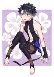 Rule 34 | 1boy, ar (rikuesuto), backless outfit, bare shoulders, barefoot, black hair, black legwear, blue eyes, blush, center opening, cosplay, cross, crossdressing, fate/grand order, fate/prototype, fate/prototype: fragments of blue and silver, fate (series), fujimaru ritsuka (male), hairband, hassan of serenity (fate), hassan of serenity (fate) (cosplay), looking at viewer, male focus, open mouth, short hair, solo, sweatdrop, toeless legwear, toes