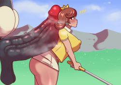 Rule 34 | !!, 1boy, 1girl, absurdres, ass, blue eyes, blush, breasts, brown hair, clothes, covered erect nipples, crown, dedalo, ear piercing, earrings, flower earrings, gigantic penis, golf, golf club, highres, huge ass, huge breasts, jewelry, king bob-omb, mario (series), mario golf, mario golf: super rush, monster, nintendo, no humans, penis, piercing, princess daisy, sagging testicles, surprised, testicles, uncensored, veins, veiny penis
