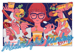 Rule 34 | 1girl, black-framed eyewear, brown hair, burger, cake, candy, cheese, chocolate, chopsticks, closed eyes, doughnut, extra hands, food, fruit, glasses, halftone, highres, holding, holding spoon, hot dog, kk724, lettuce, nissin cup noodle, noodles, original, parted lips, short hair, signature, solo, spoon, strawberry, tomato, upper body