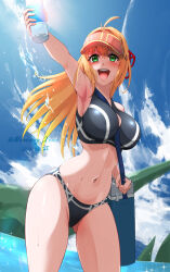 Rule 34 | 1girl, absurdres, arm up, artist name, between breasts, bikini, black bikini, blonde hair, blush, bottle, breasts, dated, fiora (xenoblade), gluteal fold, green eyes, highres, holding, holding bottle, large breasts, long hair, mercury xeno, open mouth, outdoors, solo, strap between breasts, swimsuit, twitter username, visor cap, water, xenoblade chronicles (series), xenoblade chronicles 1