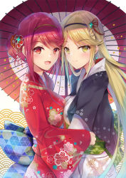 Rule 34 | 2girls, blonde hair, blush, breast press, breasts, dress, earrings, gloves, highres, inoue takuya (tactactak), japanese clothes, jewelry, kimono, large breasts, long hair, looking at viewer, multiple girls, mythra (xenoblade), new year, nintendo, one eye closed, pyra (xenoblade), red eyes, red hair, short hair, simple background, smile, tiara, umbrella, xenoblade chronicles (series), xenoblade chronicles 2, yellow eyes