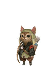 Rule 34 | animal, animal ears, animal focus, archery, armor, arrow (projectile), black jacket, boots, bow, bow (weapon), brown pants, cat, cat ears, green shirt, holding, holding bow (weapon), holding weapon, hood, jacket, no humans, original, pants, quiver, ranger, shirt, shoulder armor, simple background, solo, standing, tahra, weapon, white background