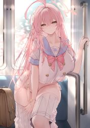 Rule 34 | 1girl, ahoge, an yasuri, backpack, bag, blue archive, blush, breasts, buttons, clothes lift, day, green eyes, halo, hanako (blue archive), highres, large breasts, long hair, looking at viewer, panties, pink hair, skirt, skirt lift, smile, sunlight, train interior, underwear, undressing