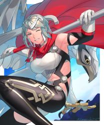 Rule 34 | 1girl, abs, animal, armor, asagi (banzoku210), axe, bare shoulders, battle axe, bird, blue hair, breastplate, cape, dagr (fire emblem), earrings, female focus, fire emblem, fire emblem heroes, gloves, grey eyes, grin, headpiece, highres, holding, holding weapon, jewelry, light blue hair, lips, looking at viewer, midriff, muscular, muscular female, nintendo, one eye closed, red cape, short hair, shorts, sleeveless, smile, solo, weapon, wings, wink