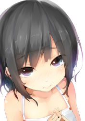 Rule 34 | 10s, 1girl, 3:, aged down, alternate hair length, alternate hairstyle, bare shoulders, black hair, blush, boku wa tomodachi ga sukunai, from above, halterneck, looking at viewer, looking up, mikazuki yozora, ogipote, own hands clasped, own hands together, perspective, purple eyes, short hair, simple background, solo, upper body, white background