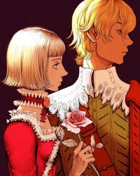 Rule 34 | 1boy, 1girl, berserk, black background, blue eyes, bob cut, brother and sister, closed mouth, commentary request, contemporary, corrupted twitter file, dress, farnese (berserk), flower, formal, highres, holding, holding flower, looking to the side, nisino2222, red dress, red flower, red rose, rose, serpico (berserk), siblings