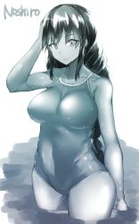 Rule 34 | 1girl, attyon, braid, breasts, character name, closed mouth, covered navel, greyscale, kantai collection, large breasts, long hair, looking at viewer, monochrome, noshiro (kancolle), one-piece swimsuit, partially submerged, sidelocks, simple background, solo, swimsuit, twin braids, water, wet
