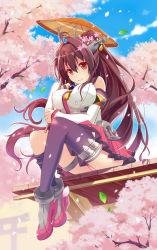 Rule 34 | 10s, 1girl, ankle boots, bad id, bad pixiv id, boots, breasts, brown eyes, brown hair, cherry blossoms, hair ornament, hirai yuzuki, kantai collection, large breasts, long hair, looking at viewer, oil-paper umbrella, personification, ponytail, skirt, smile, solo, thighhighs, umbrella, yamato (kancolle)