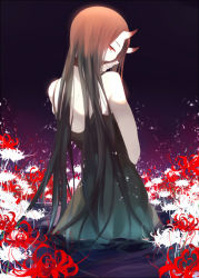 Rule 34 | 10s, 1girl, abyssal ship, back, bare shoulders, battleship princess, black dress, black hair, dress, floral background, flower, horns, kantai collection, long hair, looking at viewer, looking back, parted lips, ping (0723), red eyes, solo, spider lily, very long hair, water, white flower, white spider lily