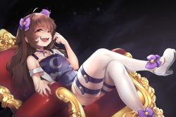 1girl absurdres brown_eyes brown_hair crossed_legs dress gradient_clothes gradient_dress hair_ornament hair_ribbon highres indie_virtual_youtuber long_hair looking_at_viewer nimu_(vtuber) ribbon sitting smile smirk smug solo star_(symbol) star_hair_ornament thighhighs throne virtual_youtuber white_thighhighs