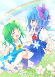 Rule 34 | 2girls, alternate hairstyle, barefoot, blue dress, blue eyes, blue hair, blue sky, blush, bow, cherry blossoms, cirno, collared shirt, daiyousei, day, dress, closed eyes, fairy wings, field, flying, glowing, grass, green hair, hair bow, hand up, happy, highres, ice, ice wings, legs, mickeysmith, multiple girls, open mouth, outstretched arms, rainbow, ribbon, shirt, short hair, short sleeves, side ponytail, sky, smile, snowflakes, sparkle, touhou, white shirt, wings