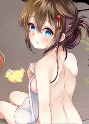Rule 34 | 1girl, alternate hairstyle, back, blue eyes, blush, breasts, brown hair, covering privates, hair between eyes, hair flaps, hair ornament, kantai collection, looking at viewer, looking back, mashiro aa, medium breasts, nude cover, onsen, shigure (kancolle), sideboob, sitting, solo, solo focus, towel