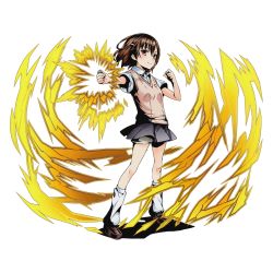 Rule 34 | 10s, 1girl, alpha transparency, brown eyes, brown hair, coin, divine gate, electricity, electrokinesis, full body, grey skirt, hair ornament, hairclip, holding, kneehighs, looking at viewer, misaka mikoto, official art, outstretched arm, pleated skirt, school uniform, short hair, short shorts, shorts, shorts under skirt, skirt, smile, socks, solo, toaru majutsu no index, transparent background, ucmm, white socks, white shorts
