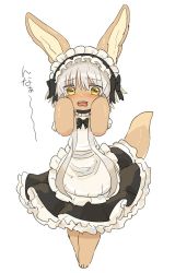 Rule 34 | 1other, androgynous, animal ears, apron, black bow, bow, embarrassed, fangs, full body, furry, hair bow, kawasemi27, made in abyss, maid, maid apron, maid headdress, nanachi (made in abyss), short hair, tail, teeth, translation request, upper teeth only, white hair, yellow eyes