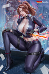 1girl black_choker black_footwear black_gloves black_jumpsuit breasts brown_eyes brown_hair building choker cleavage crack cropped_jacket fatal_fury fatal_fury:_city_of_the_wolves female_focus fire folded_fan folding_fan gloves goatwillow hair_tie hand_fan hand_on_own_knee high_heels high_ponytail highres holding holding_fan jumpsuit large_breasts leather leather_pants looking_at_viewer matching_hair/eyes midriff mixed-language_commentary mouth_hold navel on_one_knee pants red_lips rooftop rope shiranui_mai sidelocks smile solo squatting thighs tight_clothes tight_pants unzipped zipper