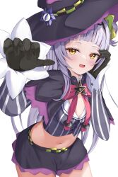 Rule 34 | 1girl, arched back, black capelet, black gloves, black headwear, black skirt, blunt bangs, bow, bowtie, capelet, chizuke illust, commentary, cropped shirt, gloves, grey hair, grey shirt, hair bun, hairband, hat, highres, hololive, incoming headpat, long hair, long sleeves, looking at viewer, lowleg, lowleg skirt, midriff, miniskirt, murasaki shion, murasaki shion (1st costume), pink bow, pink bowtie, purple capelet, shirt, sidelocks, single side bun, skirt, solo, striped clothes, striped shirt, tilted headwear, vertical-striped clothes, vertical-striped shirt, virtual youtuber, witch, witch hat, yellow eyes
