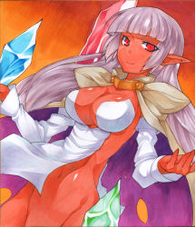 Rule 34 | 1girl, aq interactive, arcana heart, arcana heart 2, atlus, bad id, bad pixiv id, bottomless, breasts, cape, cleavage, colored skin, dark-skinned female, dark skin, elf, examu, female focus, large breasts, long hair, marker (medium), navel, parace l&#039;sia, pointy ears, red eyes, red skin, shikishi, smile, solo, torimaru, traditional media, white hair
