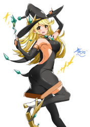 Rule 34 | 1girl, absurdres, alternate costume, artist name, bare back, bare shoulders, black dress, black hat, black thighhighs, blonde hair, blue fox (aoba), blush, choker, detached sleeves, dress, earrings, gem, hat, high heels, highres, holding, holding clothes, holding hat, jewelry, mythra (xenoblade), nintendo, open mouth, pointy footwear, shoes, smile, solo, sparkle, swept bangs, thighhighs, wand, witch, witch hat, xenoblade chronicles (series), xenoblade chronicles 2, yellow eyes, zettai ryouiki