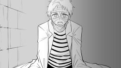 Rule 34 | 1boy, bandaged head, bandages, fabricant 100, fabricant number 1, greyscale, highres, lab coat, long sleeves, looking at viewer, male focus, mannma17, monochrome, open mouth, ringed eyes, shirt, short hair, solo, striped clothes, striped shirt