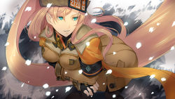 Rule 34 | 1girl, ass, black gloves, blonde hair, blue eyes, breasts, brown hat, collar, collared shirt, fingerless gloves, from above, fur hat, gloves, guilty gear, guilty gear strive, hat, highres, ippo, jacket, long hair, medium breasts, millia rage, parted lips, shirt, smile, snow, solo, ushanka, very long hair