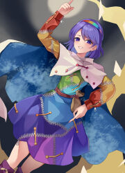 Rule 34 | 1girl, absurdres, arm up, boots, cape, capelet, dress, feet out of frame, grey background, grin, hairband, highres, index finger raised, koizumo, multicolored clothes, pointing, pointing up, purple eyes, purple hair, rainbow, short hair, simple background, smile, solo, swept bangs, teeth, tenkyuu chimata, touhou