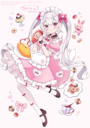 Rule 34 | 1girl, absurdres, apron, black footwear, blush, bottle, breasts, commission, cookie, cup, dessert, dress, food, frilled apron, frilled dress, frills, full body, grey hair, highres, holding, holding bottle, ketchup bottle, large breasts, looking at viewer, maid, maid apron, maid headdress, omelet, omurice, original, pantyhose, pink background, pink dress, pink ribbon, pink theme, red eyes, red ribbon, ribbon, rinkarinne, simple background, skeb commission, smile, squeeze bottle, stuffed animal, stuffed rabbit, stuffed toy, sweets, twintails, white pantyhose, white ribbon