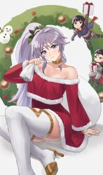 Rule 34 | 1boy, 2girls, absurdres, alternate costume, bare shoulders, black hair, boots, breasts, chibi, choker, christmas, cleavage, commentary request, dress, fire emblem, fire emblem: genealogy of the holy war, fire emblem: thracia 776, grey background, grey hair, head tilt, high heels, highres, ishtar (fire emblem), long hair, long sleeves, looking at viewer, medium breasts, multiple girls, nintendo, off-shoulder dress, off shoulder, olwen (fire emblem), pearlbbbb, purple eyes, red dress, reinhardt (fire emblem), side ponytail, sitting, smile, thigh boots, thighhighs, very long hair, white footwear, white thighhighs