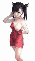 Rule 34 | 1girl, alternate breast size, aqua eyes, arm behind back, arm up, bare arms, bare shoulders, black hair, breasts, cleavage, closed mouth, collarbone, commentary request, covered erect nipples, creatures (company), dress, earrings, feet out of frame, game freak, hair ribbon, highres, jewelry, long hair, looking at viewer, marnie (pokemon), nintendo, nipple bar, nipple piercing, nipples, one breast out, piercing, pokemon, pokemon swsh, red dress, red ribbon, renatus.z, ribbon, short dress, simple background, sleeveless, sleeveless dress, solo, standing, twintails, white background