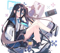 Rule 34 | 1girl, ankle socks, aris (blue archive), black hair, black socks, blue archive, blue eyes, blue necktie, bright pupils, collared shirt, commentary, commentary request, hairband, handheld game console, highres, jacket, long hair, multicolored clothes, multicolored jacket, necktie, one side up, partial commentary, pleated skirt, school uniform, shirt, skirt, socks, solo, very long hair, white footwear, white pupils, white shirt, zoirun