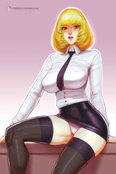 Rule 34 | 1girl, aged up, bbc-chan, black thighhighs, blonde hair, blunt bangs, breasts, commentary, cowboy shot, desk, english commentary, eyelashes, high-waist skirt, highres, large breasts, lips, lipstick, looking at viewer, makeup, midorikawa hana, miniskirt, narrow waist, necktie, nose, office lady, on desk, panties, pantyshot, patreon username, pencil skirt, prison school, red eyes, sagging breasts, shirt, short hair, sitting, skindentation, skirt, solo, thick thighs, thighhighs, thighs, underwear, upskirt, watermark, web address, white panties, white shirt, zettai ryouiki