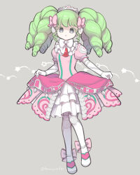 Rule 34 | 1girl, :o, boots, bow, colored eyelashes, commentary request, doll joints, dress, elbow gloves, falulu, frilled dress, frills, full body, gloves, green hair, grey background, grey eyes, headphones, joints, layered dress, long hair, looking at viewer, open mouth, pink bow, pink dress, power symbol, pretty series, pretty series, pripara, puffy short sleeves, puffy sleeves, short sleeves, sidelocks, simple background, skirt hold, solo, standing, terayamaden, thigh boots, tiara, twintails, white bow, white footwear, white gloves