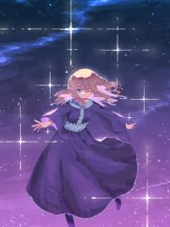 Rule 34 | 1girl, blonde hair, blue eyes, dress, feet out of frame, frilled dress, frills, highres, long hair, maribel hearn, nama udon, no headwear, no headwear, one eye closed, purple dress, sky, solo, sparkle, standing, standing on one leg, star (sky), star (symbol), starry background, starry sky, touhou