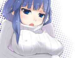 Rule 34 | arin, blue eyes, blue hair, blush, breast hold, breasts, highres, looking down, no bra, open mouth, pangya, sweater, turtleneck