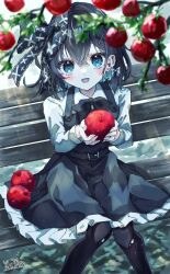 Rule 34 | + +, 1girl, :d, absurdres, apple, belt, black bow, black hair, black pantyhose, blue eyes, blush, bow, bowtie, branch, cowboy shot, dangle earrings, dress, earrings, feet out of frame, food, fruit, hair bow, hair ornament, hairclip, heart, heart earrings, highres, holding, holding food, holding fruit, jewelry, kayon (touzoku), long sleeves, looking at viewer, open mouth, original, pantyhose, plank, pleated dress, pleated skirt, red apple, short hair, signature, sitting, skirt, smile, stud earrings, two-tone dress, water
